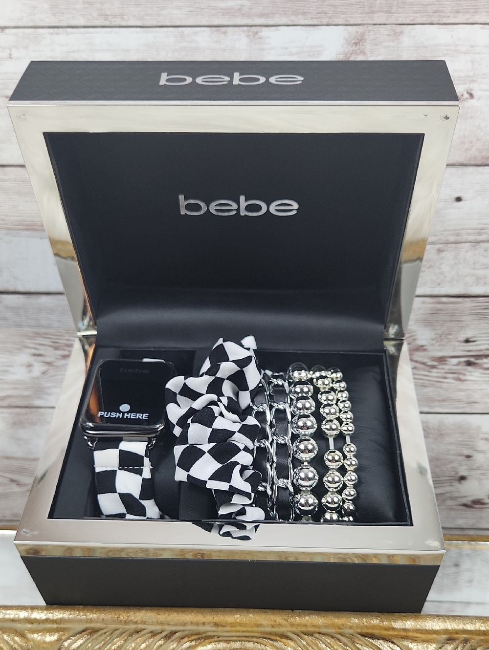 bebe Black Quilted Jewelry Box with Silver Band